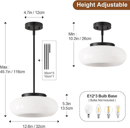 Mid-Century Modern Black Semi Flush Mount Ceiling Light, 3-Light Kitchen Light Fixtures with Glass Shade for Entryway Hallway Bathroom Bedroom (12.6 Inch)