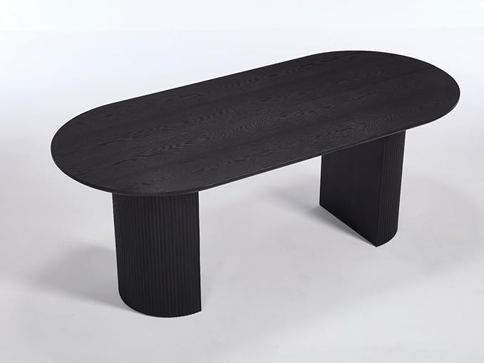 79" Modern Oval Dining Table, Farmhouse Round Wood Kitchen & Dining Room Table for 4-6 Seats, Wooden Strip Base, Home Desk with Easy-Clean Tabletop, Black