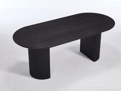 79" Modern Oval Dining Table, Farmhouse Round Wood Kitchen & Dining Room Table for 4-6 Seats, Wooden Strip Base, Home Desk with Easy-Clean Tabletop, Black