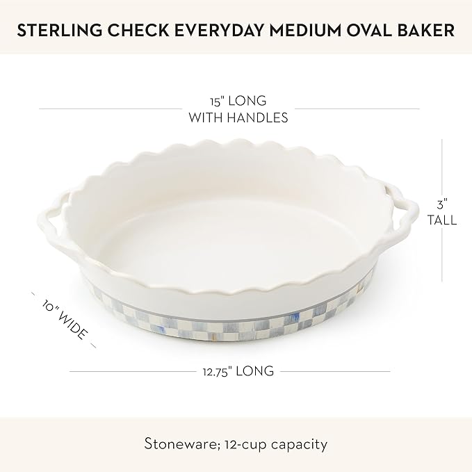 MACKENZIE-CHILDS Everyday Oval Casserole Baker, Cute Oven Baker, Medium, Gray-and-White Sterling Check
