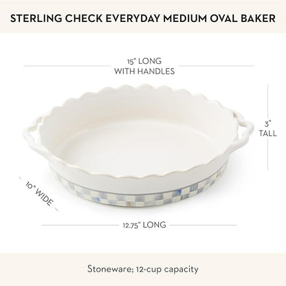 MACKENZIE-CHILDS Everyday Oval Casserole Baker, Cute Oven Baker, Medium, Gray-and-White Sterling Check