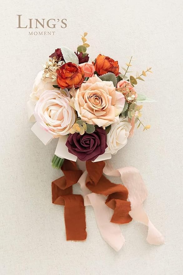 Ling's moment Terracotta Bridesmaid Bouquet, Burnt Orange Wedding Bouquets for Bridesmaids, 7 Inch Bridal Bouquets for Bridesmaids, Wedding Decor, Ceremony, Anniversary, Homecoming, etc.