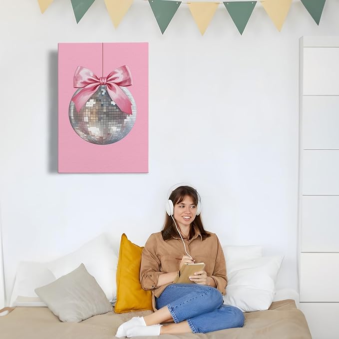 APJYM Pink Coquette Room Decor, Funky Y2K Disco Ball Preppy Wall Art, Preppy Room Decor, Trendy Retro Pink Aesthetic Posters Wall Decor for Teen Girls Bedroom Dorm Apartment Decor, 16x24 Inches Framed