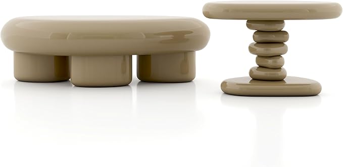 24/7 Shop at Home Kavren Modern 37-inch 2-Piece Oval Glossy Low Profile Coffee Table Set, Stone Shape Living Room Furniture for Small Space, Light Brown
