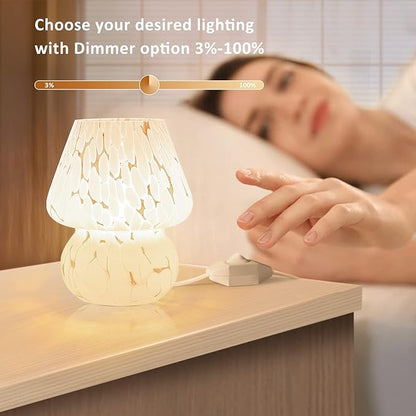 ONEWISH Mushroom Lamp Small Table Lamp-Nightstand Nightlight Dimmable Stepless, Translucent Glass White Desk Lamp for Bedroom Dorm Living Kitchen, Murano Style Aesthetic Cute Home Decor