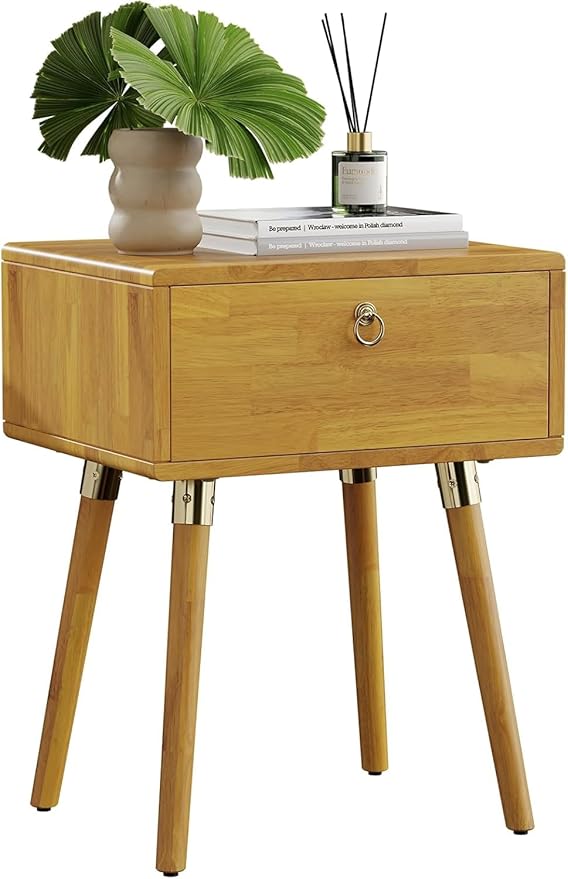 Bme Alden Wood Nightstand, Solid Wood End Table, Mid Century Modern Nightstand, Side Table with 1 Drawer, Compact for Bedroom, Living Room & Study Room, Easy Assembly, Golden Natural