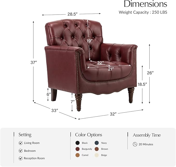 HULALA HOME Mid Century Modern Leather Club Chairs, Top-Grain Genuine Leather Armchairs with Button-Tufted Back & Solid Wood Legs, Accent Chairs for Living Room/Bedroom/Home Office, Burgundy