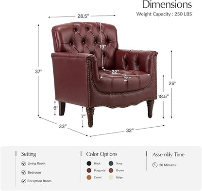 HULALA HOME Mid Century Modern Leather Club Chairs, Top-Grain Genuine Leather Armchairs with Button-Tufted Back & Solid Wood Legs, Accent Chairs for Living Room/Bedroom/Home Office, Burgundy