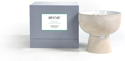 BLUEME Focus - Eucalyptus & Lime, Luxury Candle w/Essential Oils, 3 Wick, Hand-Poured Soy, Cotton Wick, Ceramic