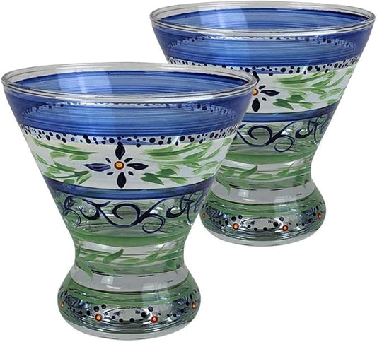 Hand Painted Cosmopolitan Glasses Set of 2 - Barcelona Blue Collection - Hand Painted Glassware by USA Artists - Unique and Decorative Cosmos Glasses, Kitchen Table Décor