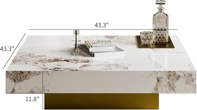 Modern Coffee Table for Living Room, 43.31" Large Square Living Room Table Sintered Stone Tabletop with Gold Stainless Steel Legs, Center Table for Home Office