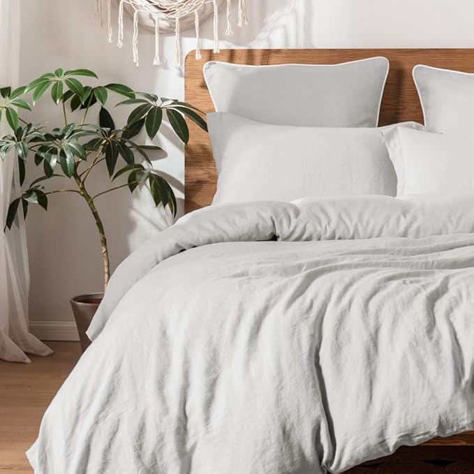 Simple&Opulence 100% Linen Duvet Cover Set, Natural French Flax Light Grey Duvet Cover Twin Size, Breathable Soft Comfy Linen Bedding Comforter Cover with 1 Pillowcase(Light Grey, 68"x86")