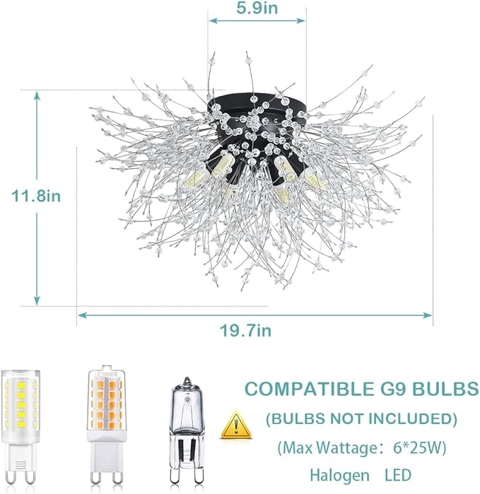 HMVPL Black Ceiling Light Fixture,6-Light Firework Sputnik Flush Mount Ceiling Light with K9 Crystal String,Modern Close to Ceiling Light for Bedroom Bathroom Hallway Kitchen Entrance Closet