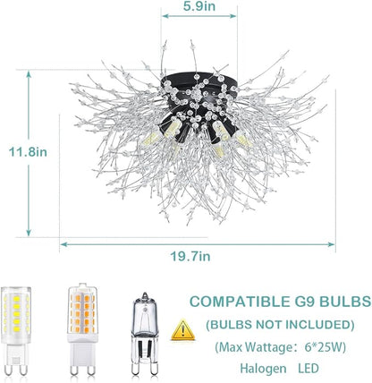 HMVPL Black Ceiling Light Fixture,6-Light Firework Sputnik Flush Mount Ceiling Light with K9 Crystal String,Modern Close to Ceiling Light for Bedroom Bathroom Hallway Kitchen Entrance Closet