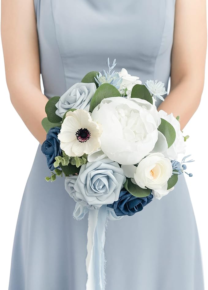 Ling's Moment Artificial Flowers Dusty Blue Bridesmaid Bouquet, Blue & White Wedding Flowers Bouquets for Bridesmaids, 7 Inch Bridal Bouquets for Bridesmaids, Wedding, Ceremony, Anniversary, etc