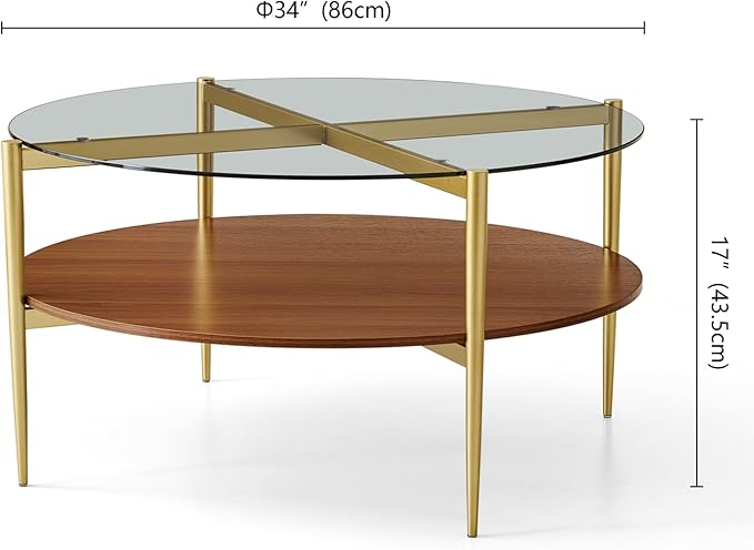 Extra Large Round Coffee Table, Mid-Century Modern Design, D34 x H17 in, for Living Room, 2-Tier Structure, Clear Glass Top and Walnut MDF Shelf, Sleek Conical Metal Legs with Gold Finish