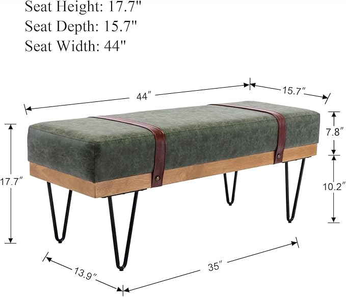 DUOMAY Industrial Modern PU Rectangle Ottoman Bench with PU Strap and Metal Legs, Mid Century Dining Table Bench Footstool Entryway Shoe Bench for Bedroom Dining Room Living Room, Green