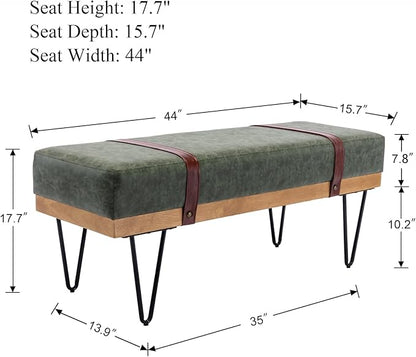 DUOMAY Industrial Modern PU Rectangle Ottoman Bench with PU Strap and Metal Legs, Mid Century Dining Table Bench Footstool Entryway Shoe Bench for Bedroom Dining Room Living Room, Green