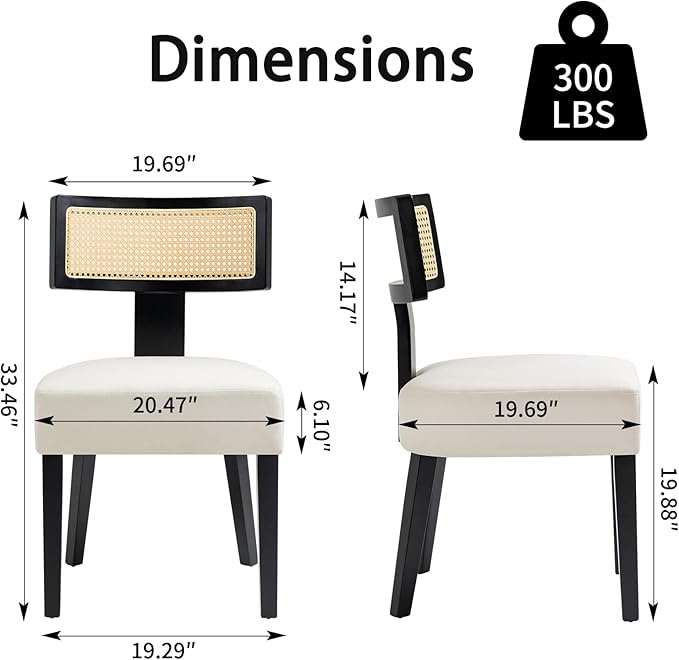 Upholstered Rattan Dining Chairs Set of 6, Mid-Century Modern Fabric Dining Room Chairs with Black Hardwood Frame, Curved Backrest Kitchen Armless for Living Room (Cream)