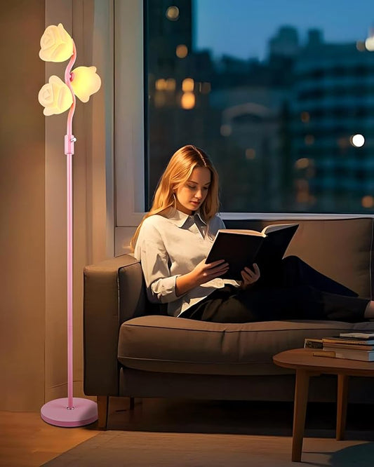 Dimmable Pink Floor Lamp, Unique Cute Flower Standing Lamps with 3 Globe Soft Warm White 3000K Bulbs, Mid Century Modern Floor Lamp for Living Room Bedroom Home Decor