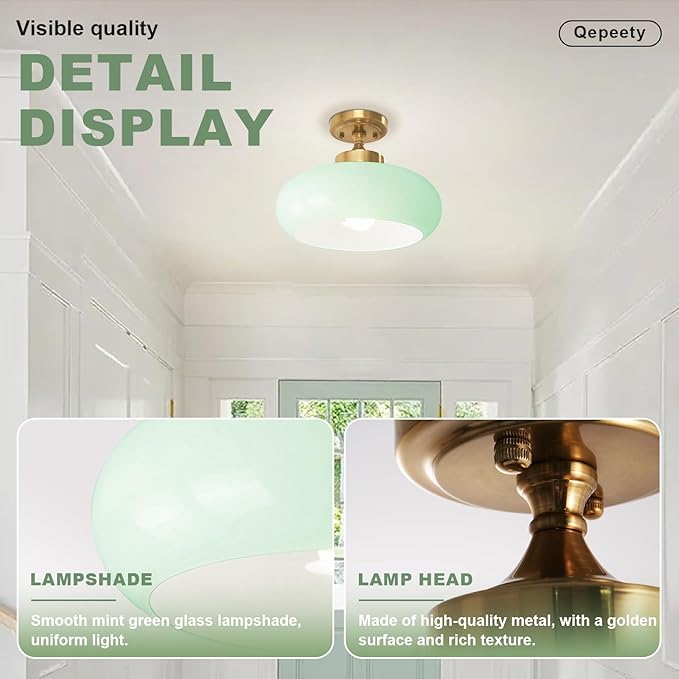 Mid Century Modern Ceiling Lamp 1-Light Gold Ceiling Light Classic Green Glass Shade Vintage Design Glass Flush Mount Lights for Hallway Living Room Kitchen (Mint Green)