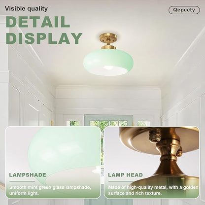 Mid Century Modern Ceiling Lamp 1-Light Gold Ceiling Light Classic Green Glass Shade Vintage Design Glass Flush Mount Lights for Hallway Living Room Kitchen (Mint Green)