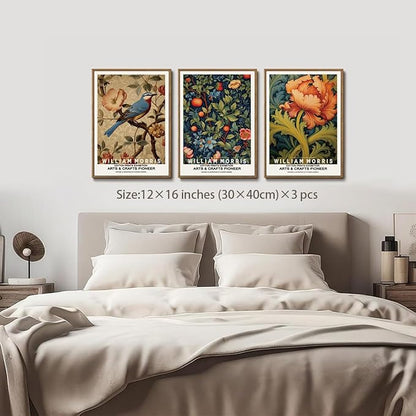 ILLBDR William Morris Framed Wall Art Vintage Bird Canvas Wall Art Set of 3 Colorful Floral Prints Botanical Artwork Classic Aesthetic Pictures Decor for Bedroom Living Room 12x16 Inch