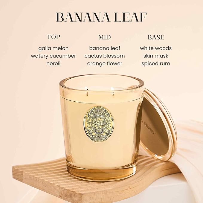 M&SENSE Large Two-Wick Soy Candle | Banana Leaf & Gold | 19.8 oz, 120H Burn Time | Luxury Scented Candle for Relaxation, Gifting, Home Décor | Ideal for Bedroom, Office, Party Ambiance