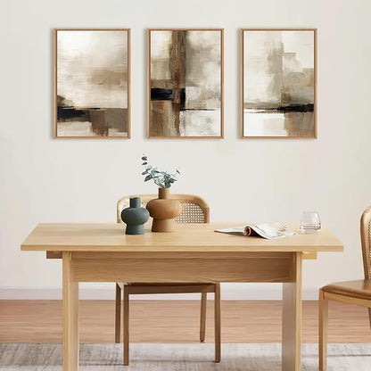 HOURIA Large Abstract Neutral Framed Canvas Wall Art Set,Brown Beige Wall Decor,Minimalist Textured Wall Painting,Modern Brush Stroke Line Art Print for Living Room,Bedroom,Office- 24"x36"x3
