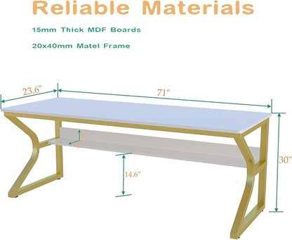 Extra Long Desk with Bookshelf - 71" Double Long Writing Table for 2-Person Workstation, Modern Study Work Computer Desk for Home and Office, Gold