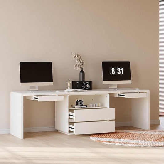 homary 94.5'' White Double Workstation Desk for 2, Large Home Office Computer Desk with 4 Drawers & 1 Cabinet, Executive Modern White Desk for Shared Workspace