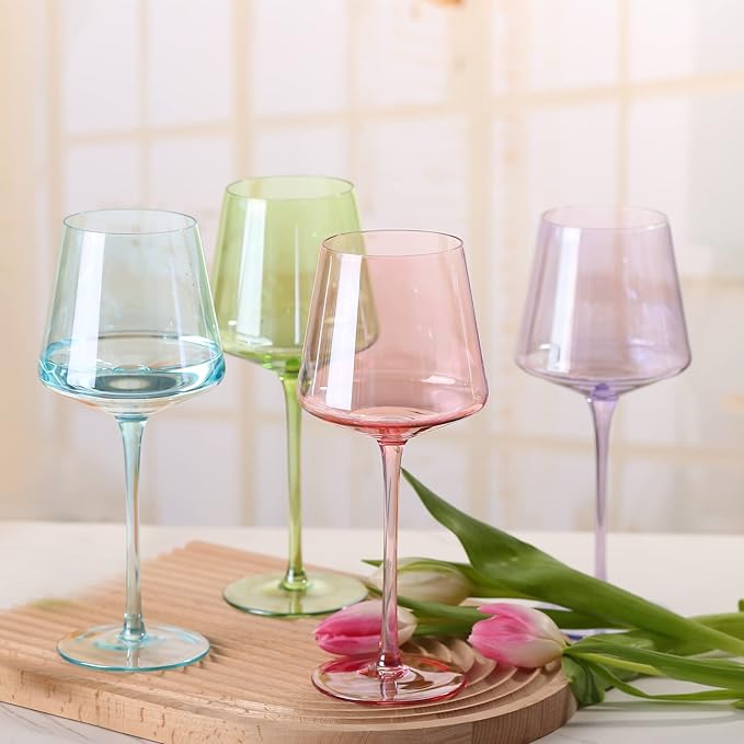 Physkoa Pink Wine Glasses Set 6-16oz Modern Pink Wine Glasses With Tall Long Stem and Flat Bottom,Pink Glassware for Wedding,Bridal Shower,Bachelorette Party