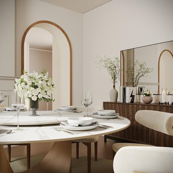 POVISON Round Dining Table with Lazy Susan, 59" Matte White Sintered Stone Top Dining Table with Bronze Carbon Steel Pedestal, Modern Dining Room Table for Kitchen, Living Room (Table Only)