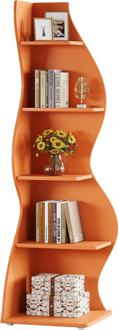 Tribesigns Wavy Corner Shelf, Modern 5-Tier Bookshelf Bookcase with Curvy Shape, Unique Plant Stand Display Rack for Living Room Small Space (Orange)