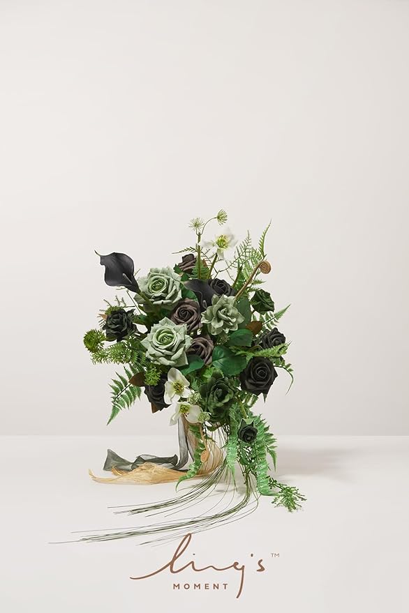 Ling's moment Forest Green Bridal Bouquet Cascading, Emerald Green Wedding Bouquets for Bride, 13 Inch Bride Bouquets for Wedding Artificial Flowers Bouquets