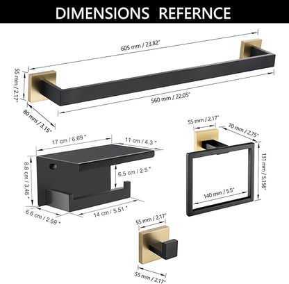 5 Pieces Bathroom Hardware Set Black and Gold Towel Bar Set, Toilet Paper Holder with Shelf, Towel Holder Set in Bathroom, Wall Mounted Stainless Steel, 23.6 Inches