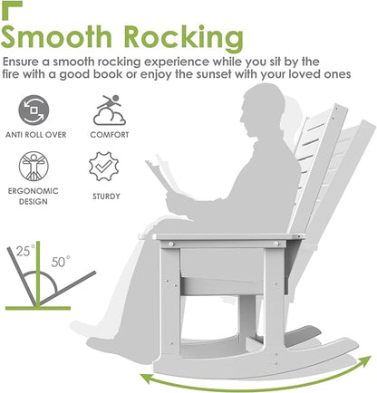 GREENVINES Outdoor Rocking Chair Set | 3-Piece | 2 Rocking Chairs with 1 Side Table | Porch Rocker | HDPE Plastic | White | Patio Furniture Sets | High Back | Big & Tall | Ladder Back