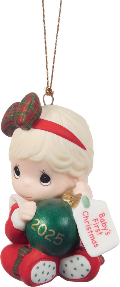Precious Moments Baby’s First Christmas 2025 Dated Girl Bisque Porcelain Ornament – Green “2025” Ball Keepsake – 251005