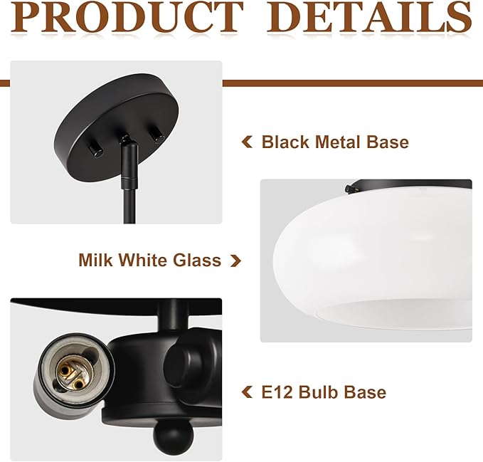 Mid-Century Modern Black Semi Flush Mount Ceiling Light, 3-Light Kitchen Light Fixtures with Glass Shade for Entryway Hallway Bathroom Bedroom (12.6 Inch)
