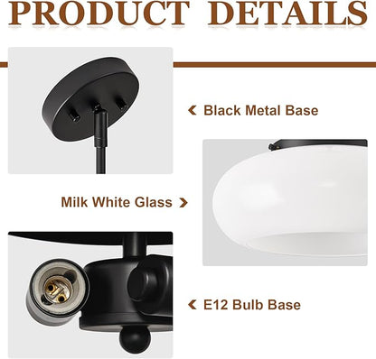 Mid-Century Modern Black Semi Flush Mount Ceiling Light, 3-Light Kitchen Light Fixtures with Glass Shade for Entryway Hallway Bathroom Bedroom (12.6 Inch)