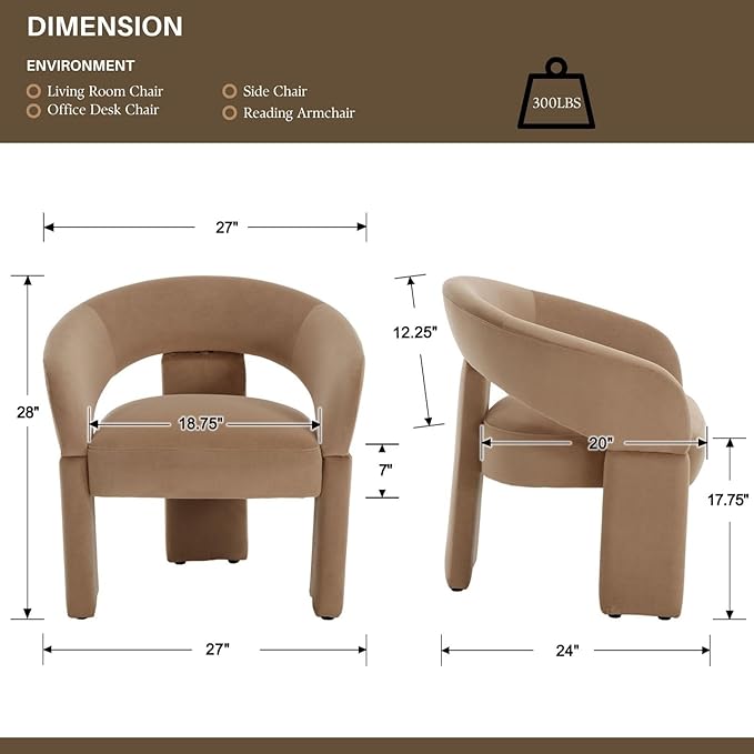 Modern Accent Chairs Set of 2 Khaki Velvet Round Barrel Armchairs Comfy Upholstered Lounge Chair for Living Room Bedroom Reading Chair Vanity Chair Comfy Office Waiting Room Chairs