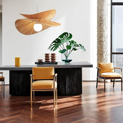 Natural Abaca Woven Pendant Light, Hand-Made Weaved Ceiling Light with Organic Weaved Leaf Finish, 20 Inch Diam Hanging Pendant Light for Bedroom, Living Room, Dining Room