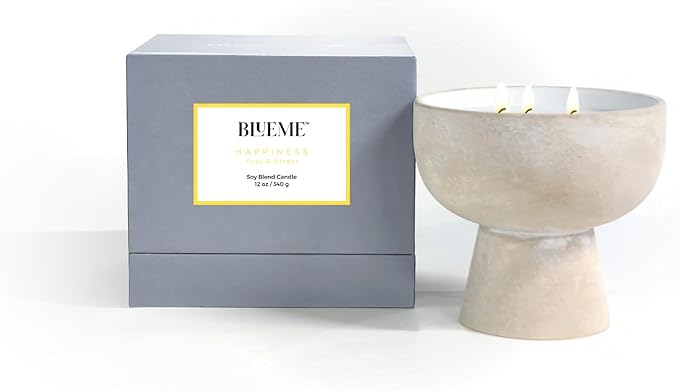 BLUEME Happiness - Yuzu & Ginger, Luxury Candle w/Essential Oils, 3 Wick, Hand-Poured Soy, Cotton Wick, Ceramic
