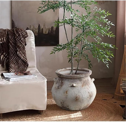 LuxenHome 14.96'' Dia Round Large Plant Pots, Off White Indoor Outdoor Planters with Drainage Holes, Rustic Distressed Flower Pot for Plants, Handmade Concrete Planter Pot for Home Patio Garden