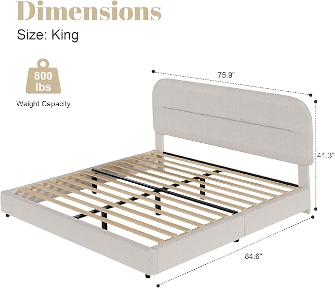 King Size Boucle Bed Frame, Upholstered Cloud Bed Frame with Headboard, Soft Platform with Thickened Footboard, Rounded Corners, No Box Spring Required, Easy Assembly, Beige