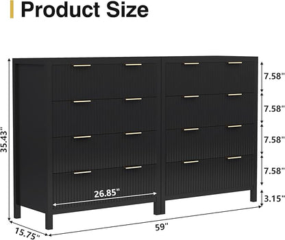 4 Drawer Double Dressers for Bedroom with Waveform Fluted Panel Design, Modern Wide Chest of Drawers,Wood Storage Dresser Chest of Drawers for Bedroom Living Room Hallway Closet, Black 2 Sets