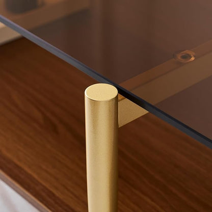 Rectangle Coffee Table, Mid-Century Modern Design, L41 W21 x H17, for Living Room, 2-Tier Structure, Amber Glass Top and Walnut MDF Shelf, Sleek Conical Metal Legs with Gold Finish