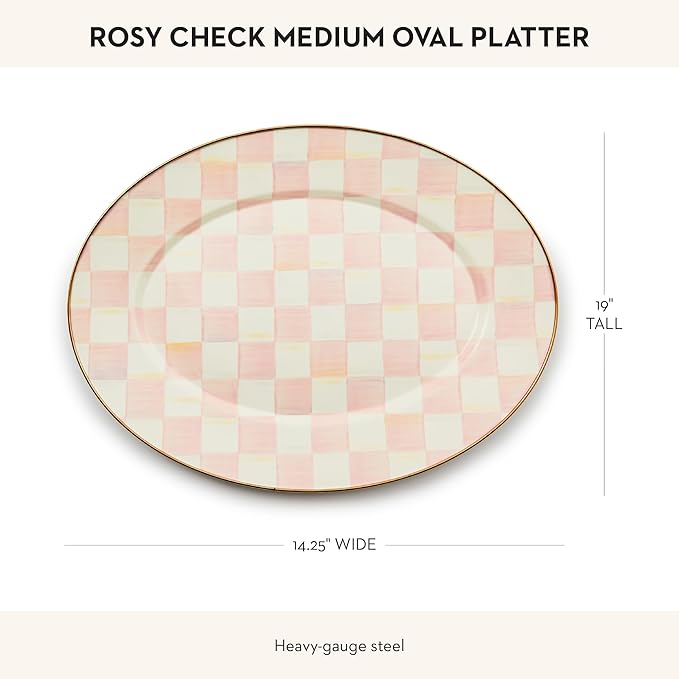 MACKENZIE-CHILDS Enamel Oval Platter, Serving Plate for Entertaining, Medium, Pink-and-White Rosy Check