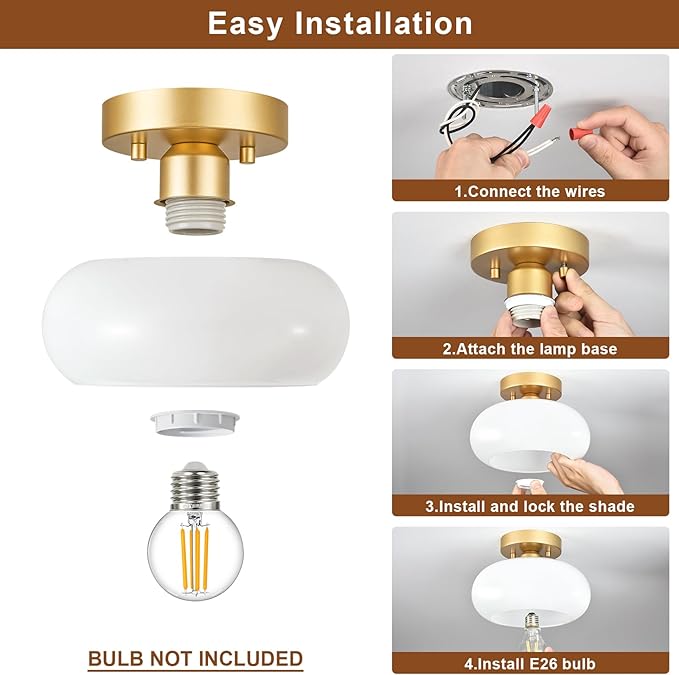 Mid-Century Modern Gold Semi Flush Mount Ceiling Light, Kitchen Ceiling Light Fixture with Glass Shade, Mini White Close to Ceiling Lamp for Entryway Hallway Bathroom (8.66 Inch)