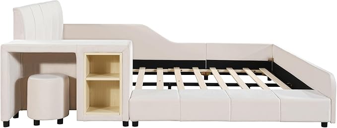 Merax Full Upholstered Grounded Bed Mother & Child, Beige Velvet